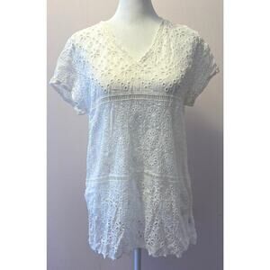 JOHNNY WAS Eyelet Floral Cut Out Shortsleeve Top Blouse Size S